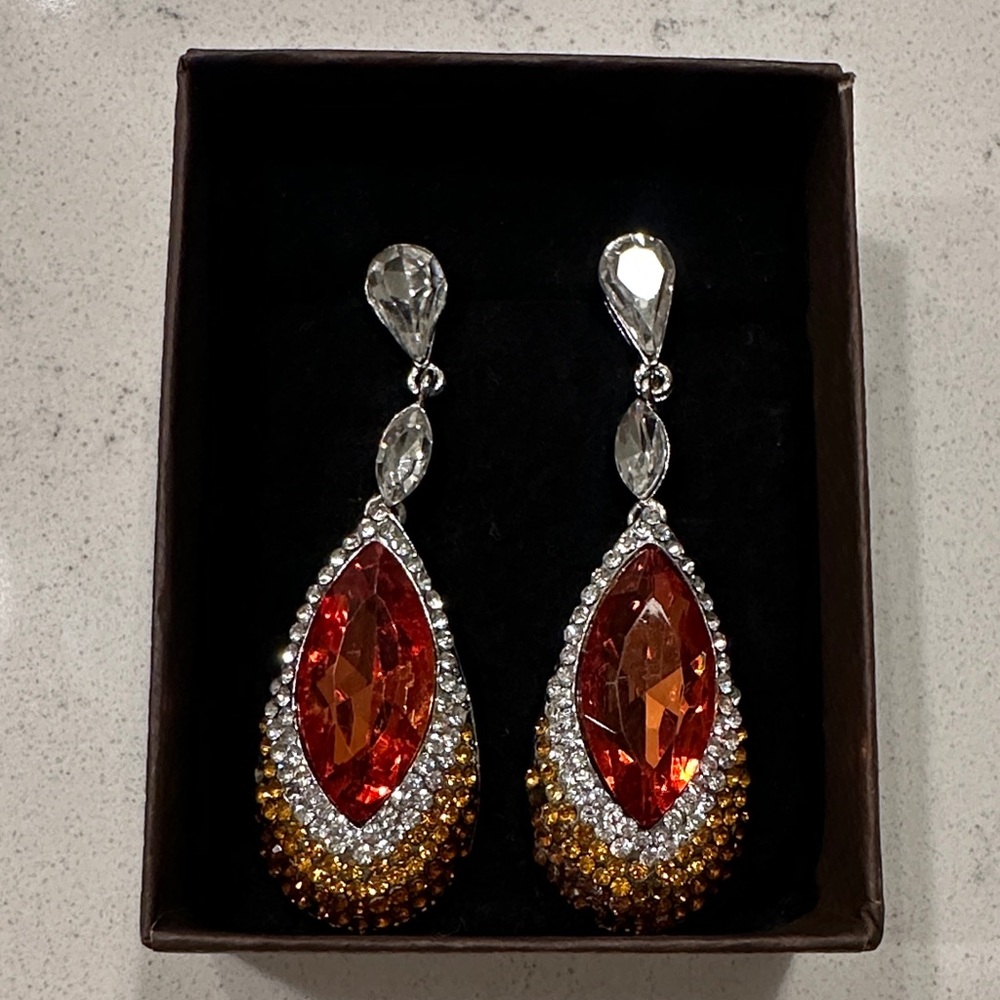 Elegant Orange and Silver Teardrop Earrings